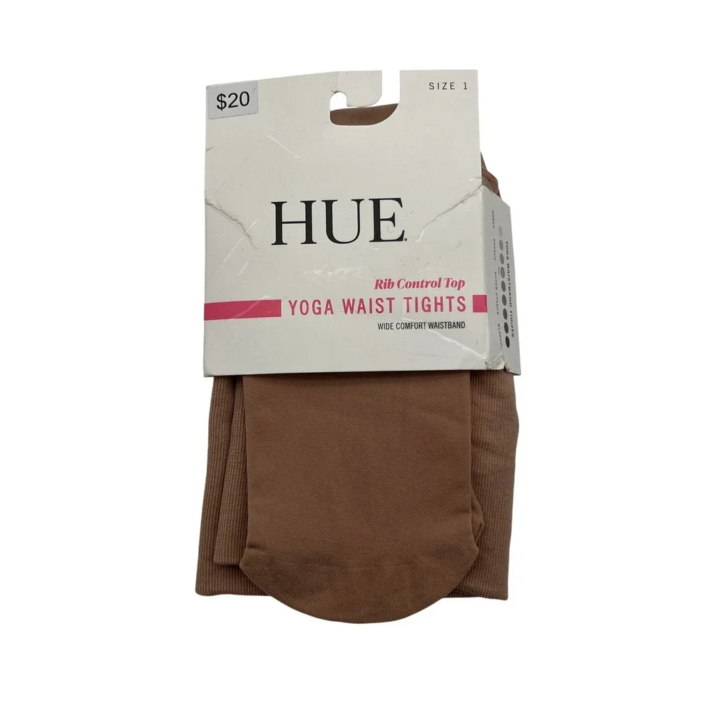 HUE Yoga Waist Tights Womens Size 1 Natural Rib Control Top Wide Waistband